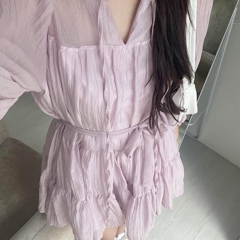 Váy babydoll dáng ngắn, váy đầm nữ dài tay tầng 2 lớp voan tơ xước freesize phom suông thắt eo hàn quốc C1092