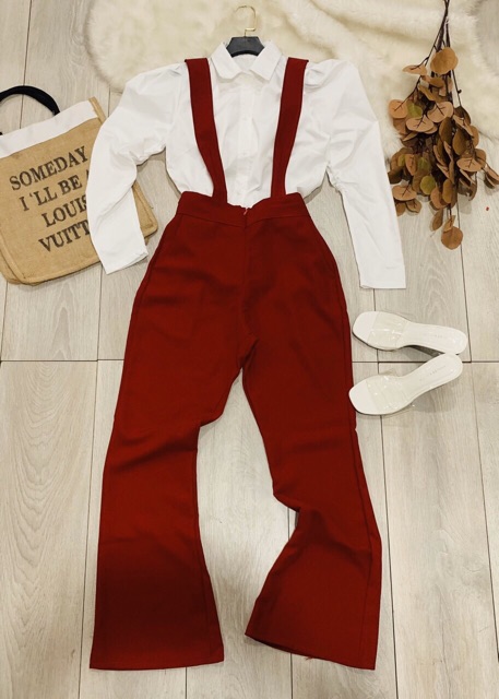 Set áo sơmi tay dài phồng + quần dài yếm ống loe