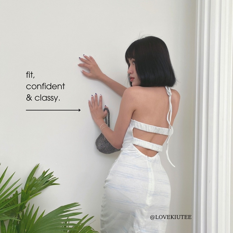 Đầm cột cổ hở lưng có chun ngang Selene Midi Dress vải thun gân co dãn LOVEKIUTEE