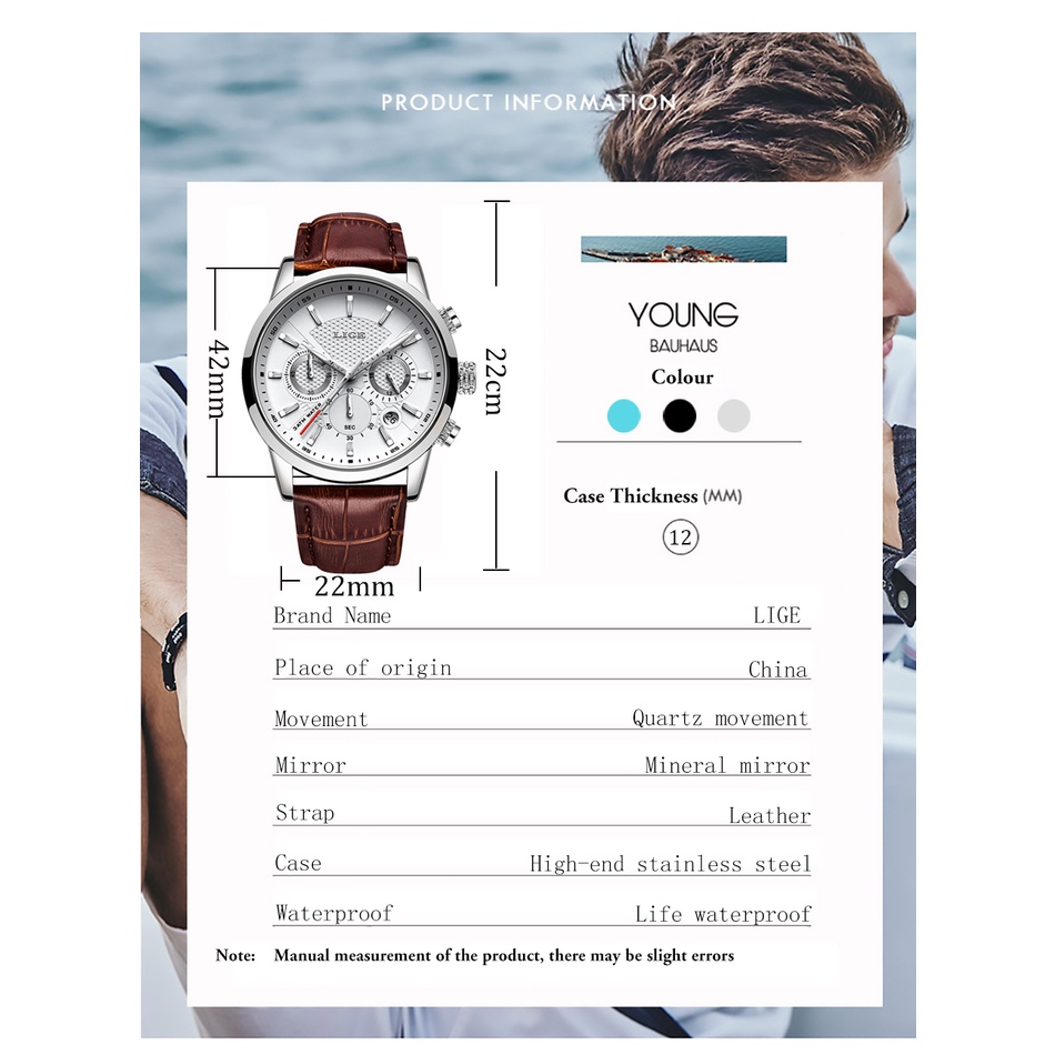 LIGE đồng hồ nam chống nước đa chức năng thời trang da thể thao analog dong ho nam