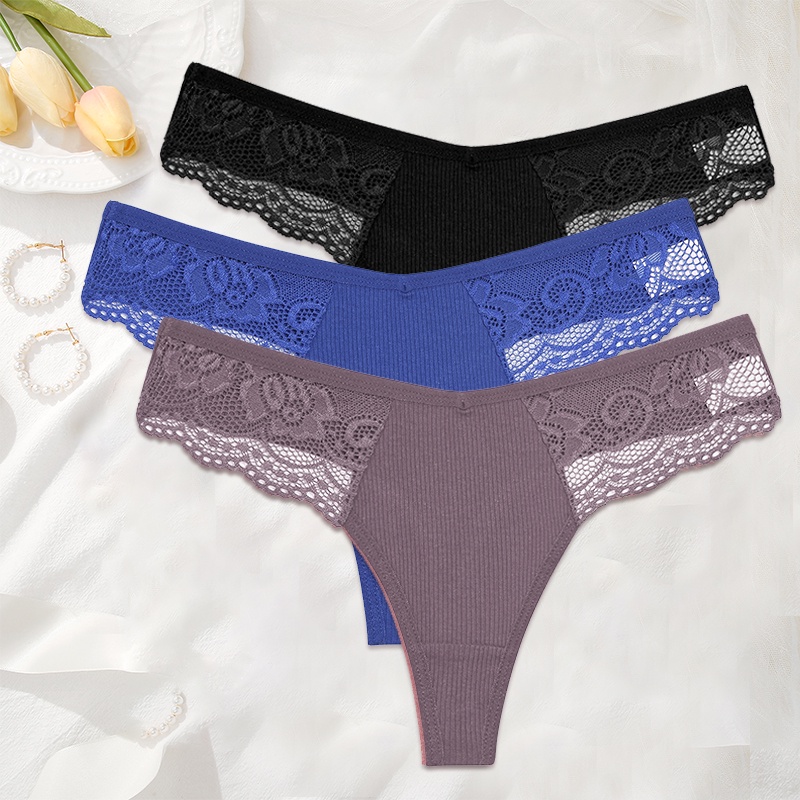 Set 3 quần lót lọt khe CUTEBYTE cotton phối ren thời trang quyến rũ dành cho nữ