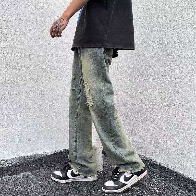 QUẦN BAGGY JEANS NAM ỐNG RỘNG WASH XANH RÁCH UNISEX NAM VÀ NỮ 828