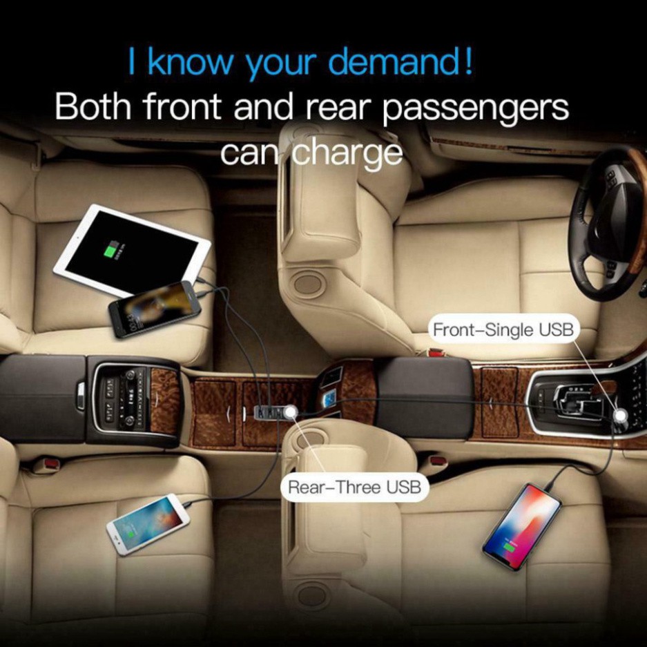 Bộ tẩu sạc đa năng dùng cho xe hơi Baseus Enjoy Together 5.5A, 4 cổng USB, Cáp dài 1.5M dùng cho cả ghế trước và sau xe