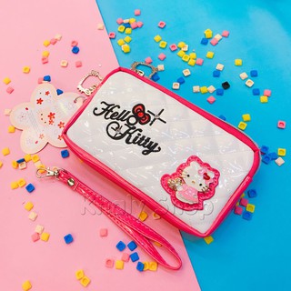 Bóp ví tiền cầm tay dây kéo da bóng thêu chữ Hello Kitty mặt trắng viền hồng 2 ngăn màu hồng đậm cho nữ và các bạn gái