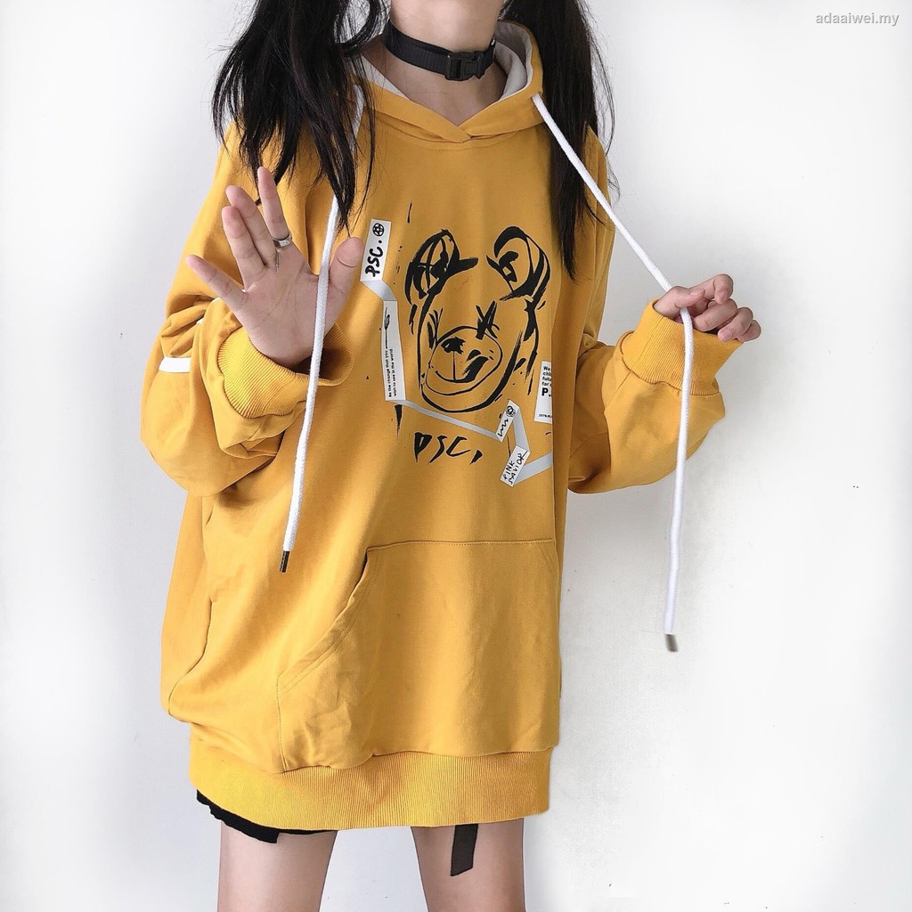 Áo Hoodie Tay Dài Dáng Rộng Kẻ Sọc In Hình Gấu Phối Màu Tương Phản Thời Trang Thu Đông Cá Tính 1