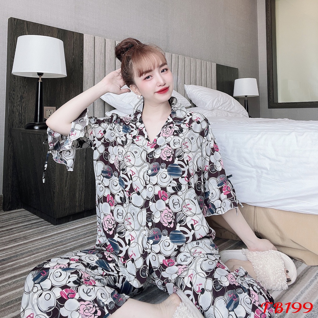 Đồ bộ pijama mặc nhà tay bèo quần dài chất lụa Mango freesize từ 40-70kg Chanel nền xám hoạ tiết tím TB199