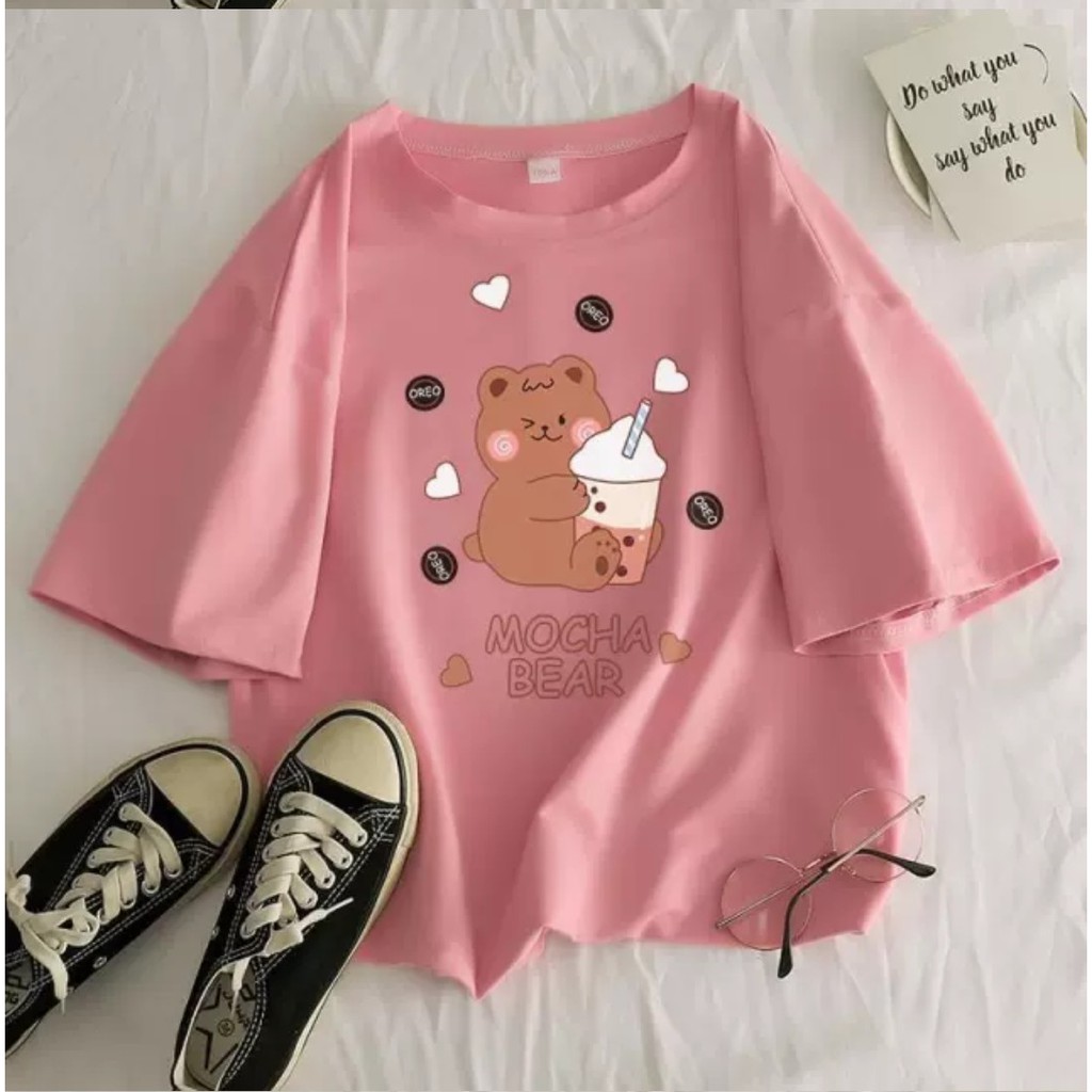 Áo thun gấu uống trà sữa , phom rộng , chất cotton 45 cute