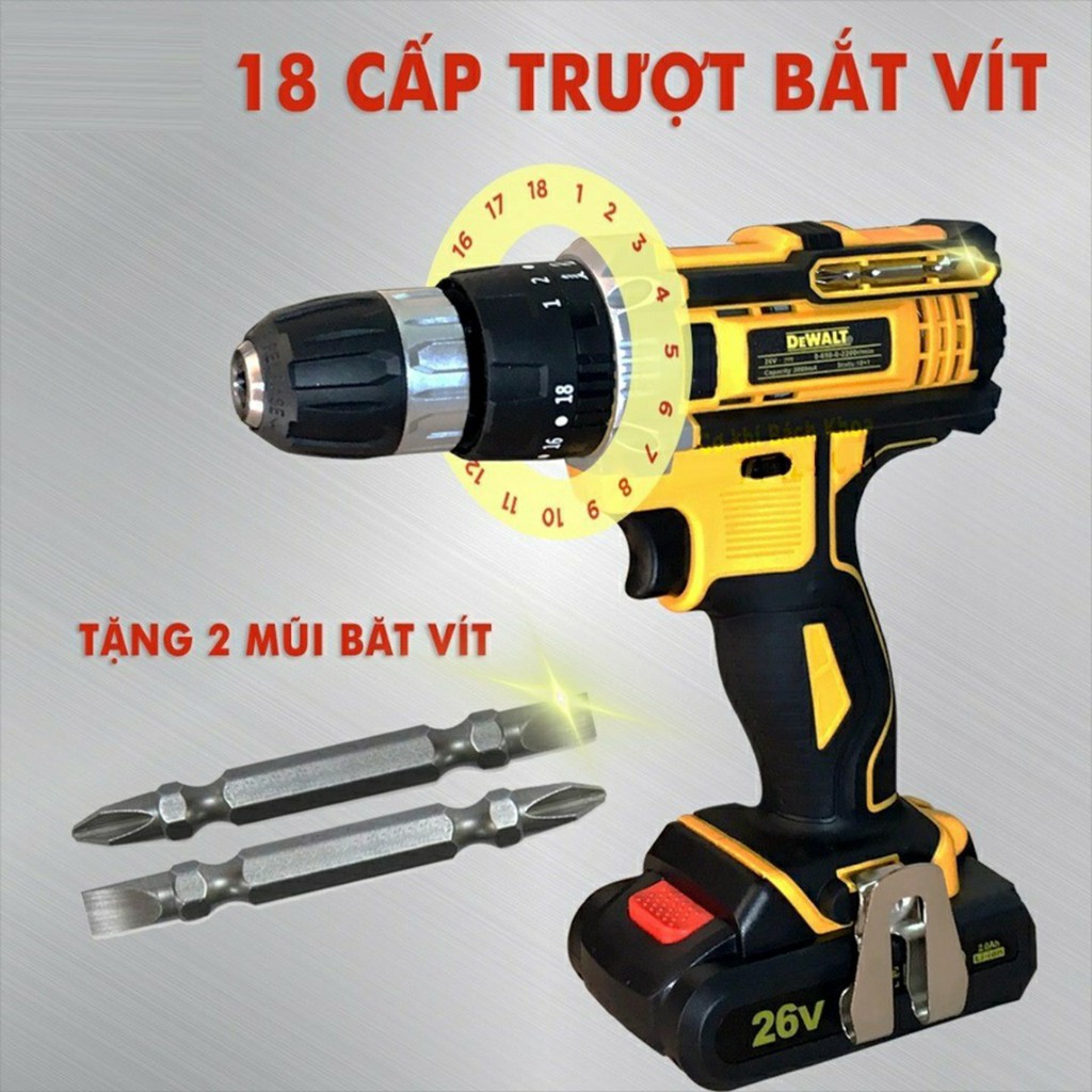 Bộ Máy Khoan Pin DEWALT 26V Full 2 Pin Có Búa - Máy Khoan Cầm Tay Không Dây - Máy Khoan Bin 26V Khoan Sắt Gỗ Khoan Tường