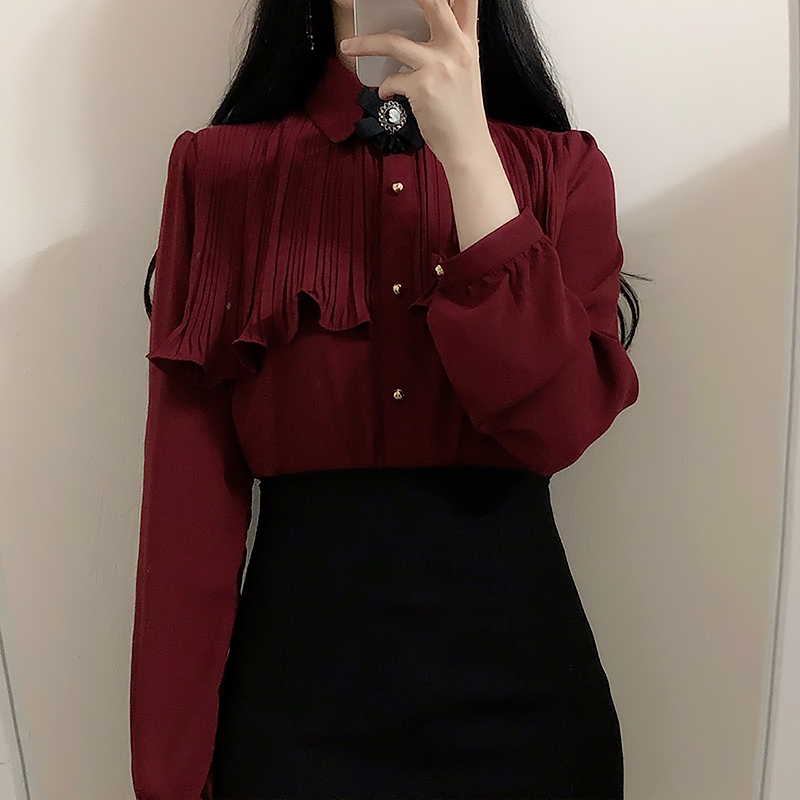 Spring new long sleeve shirt girl's top versatile fashion temperament base shirt bow chiffon shirt