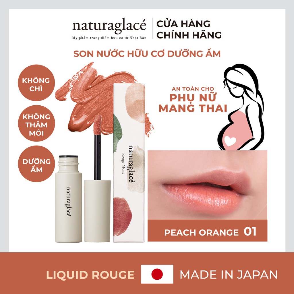 Son kem hữu cơ naturaglacé Liquid Rouge dưỡng ẩm mềm môi,Màu 01 - Peach Orange, 5.2g