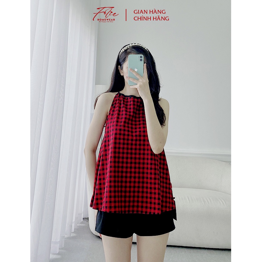 [Chính hãng]FolieHomewear Đồ bộ mặc nhà áo yếm caro đỏ quần đùi (short) chất liệu thun cotton FB105.3 | BigBuy360 - bigbuy360.vn