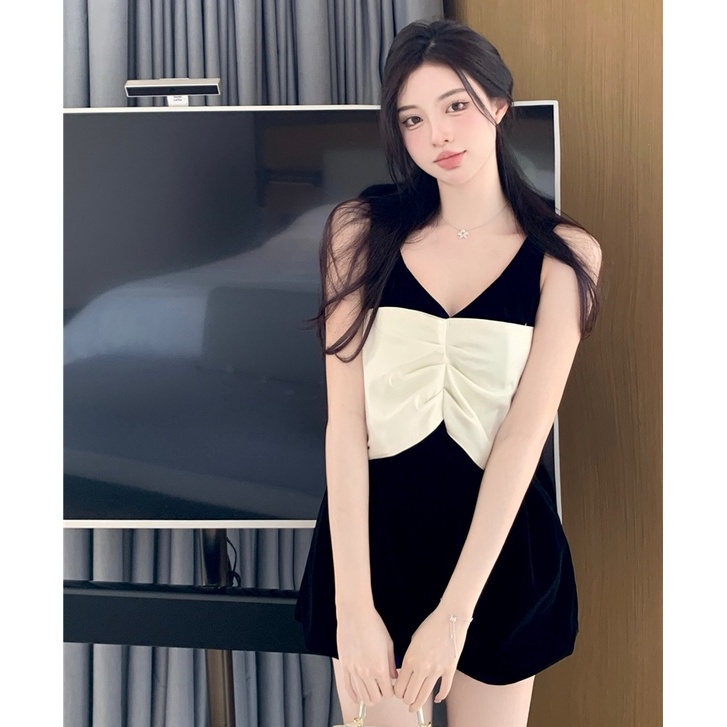 Bộ Áo Liền Quần Hai Dây Ống Rộng Thắt Nơ Phong Cách Trung Hoa Mùa Hè Mới