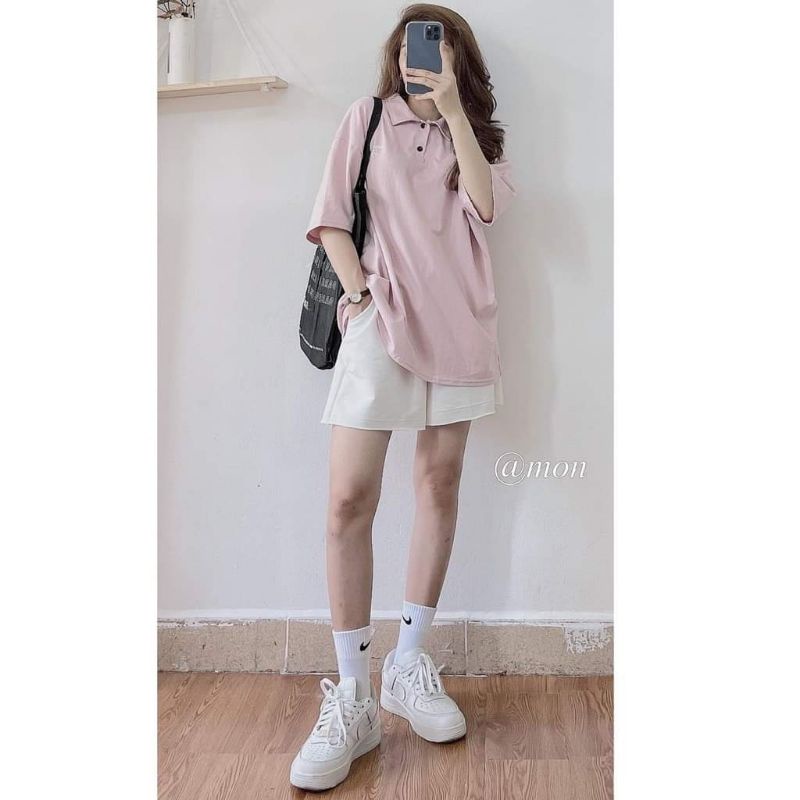 Áo Polo Cotton Unisex Form Rộng Nam Nữ In Chữ Simple