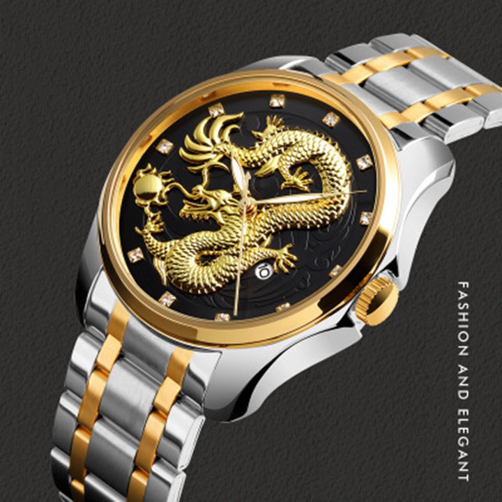 Đồng hồ nam mặt rồng vàng TẶNG vòng tay tùy hưu may mắn full hộp