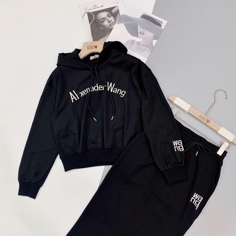 S0274 Set Váng Wa Cá Tính Phối Áo Hoodie Thêu Chữ Nổi và Chân Váy Dài Chữ A