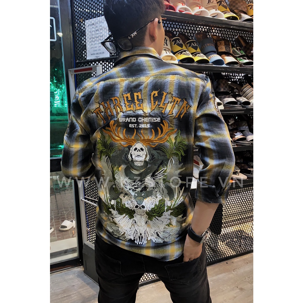 Áo sơ mi nam tay dài caro vàng nâu wash thêu hình thần rừng life after death hàng chính hãng THREE CLTN K3 STORE