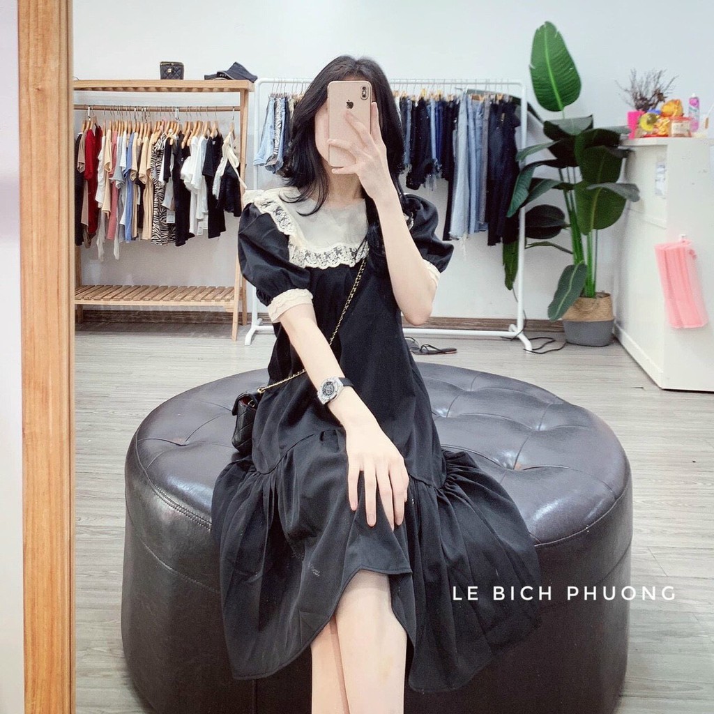 Đầm Đũi Tiểu Thư Cổ Ren Bèo Phối Tay | BigBuy360 - bigbuy360.vn