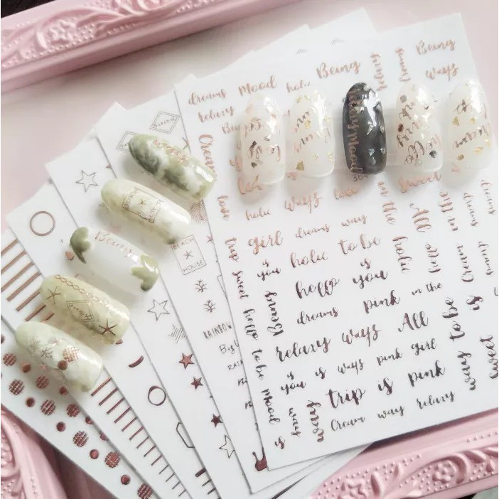 Miếng dán móng chống thấm nước họa tiết hoa hồng / chữ cái tiếng anh / hình học tự dính có thể làm thủ công