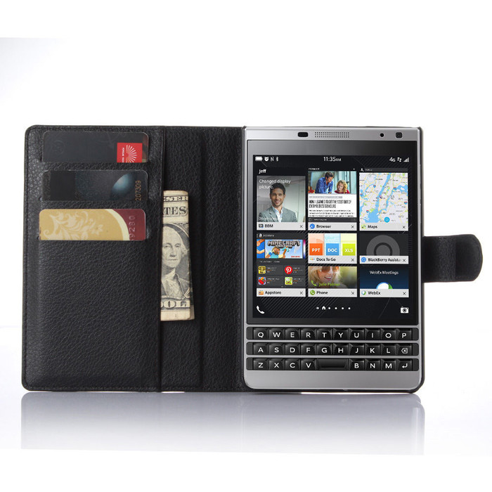 Bao Da Điện Thoại Nắp Gập Kiêm Ví Tiền Màu Bạc Cho Blackberry Passport