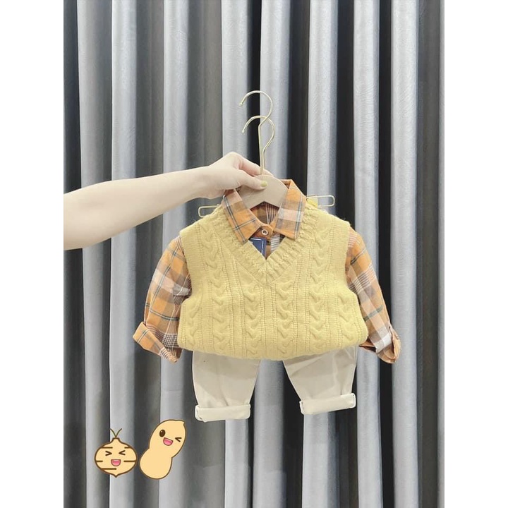 Set gile len 3ct áo sơ mi kẻ quần be bé trai