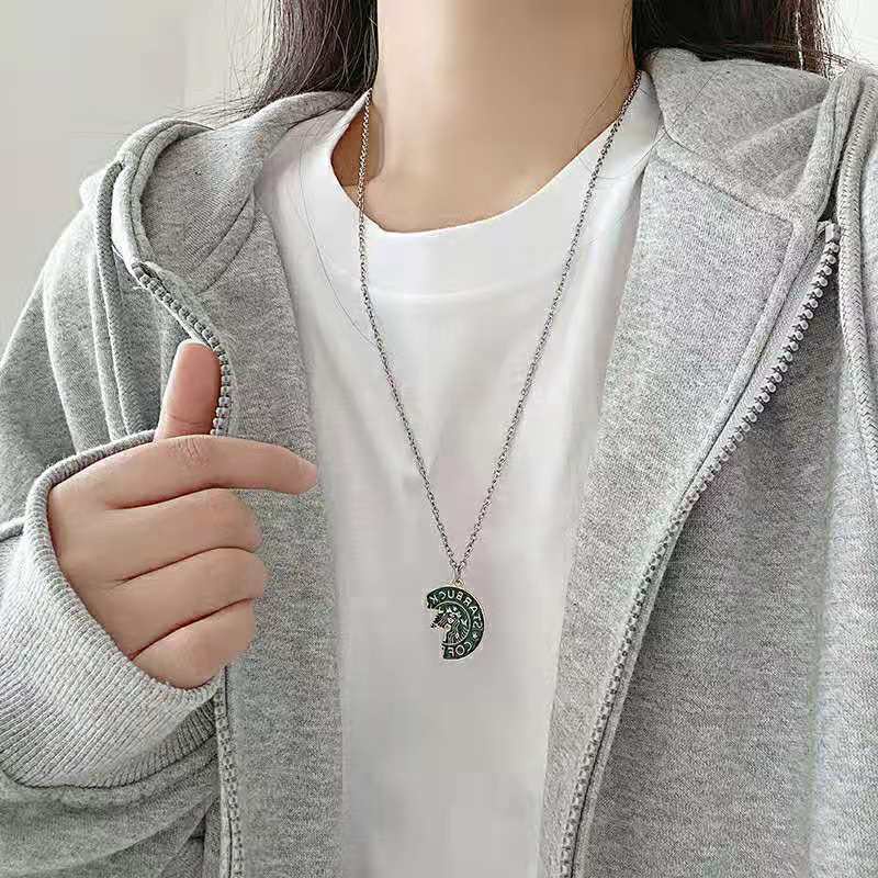 Dây chuyền nữ nam BROO hoa tiết Starbuck độc đáo, vòng cổ đôi titan unisex màu bạc đẹp