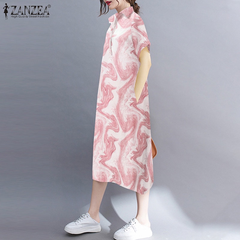 Đầm dài Zanzea tay ngắn cổ bẻ dáng rộng in họa tiết phong cách đáng yêu cho nữ
