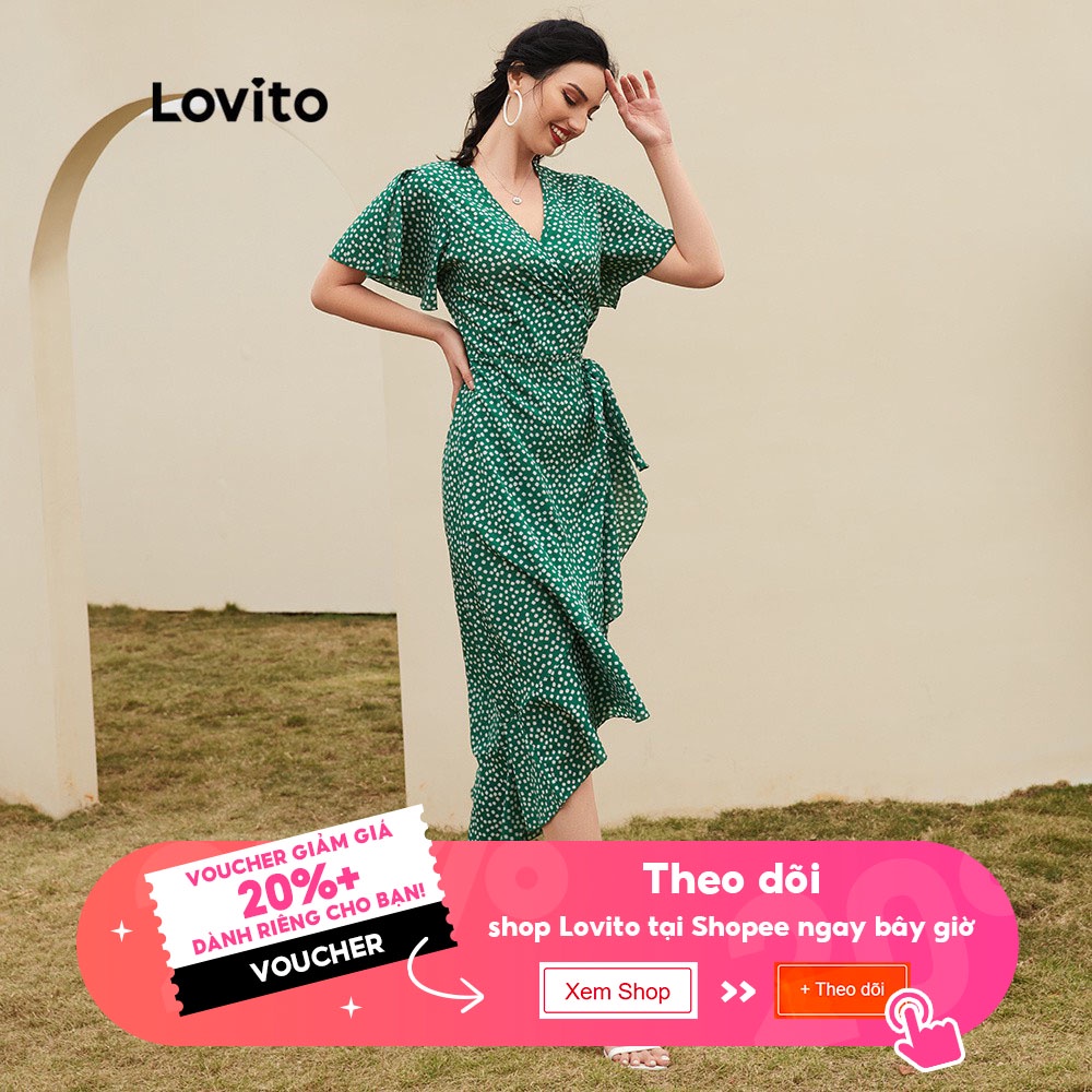 Lovito Đầm cổ chữ V xẻ sâu họa tiết chấm bi phong cách Boho màu xanh lá L12014 | BigBuy360 - bigbuy360.vn