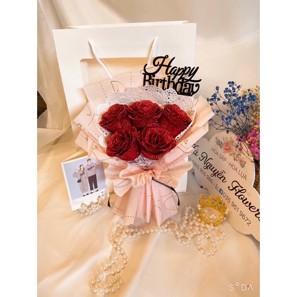 [HOA SINH NHẬT -QUÀ 8/3 ]-Set Hoa sáp nhũ 5 bông tặng kèm túi và thiệp | BigBuy360 - bigbuy360.vn