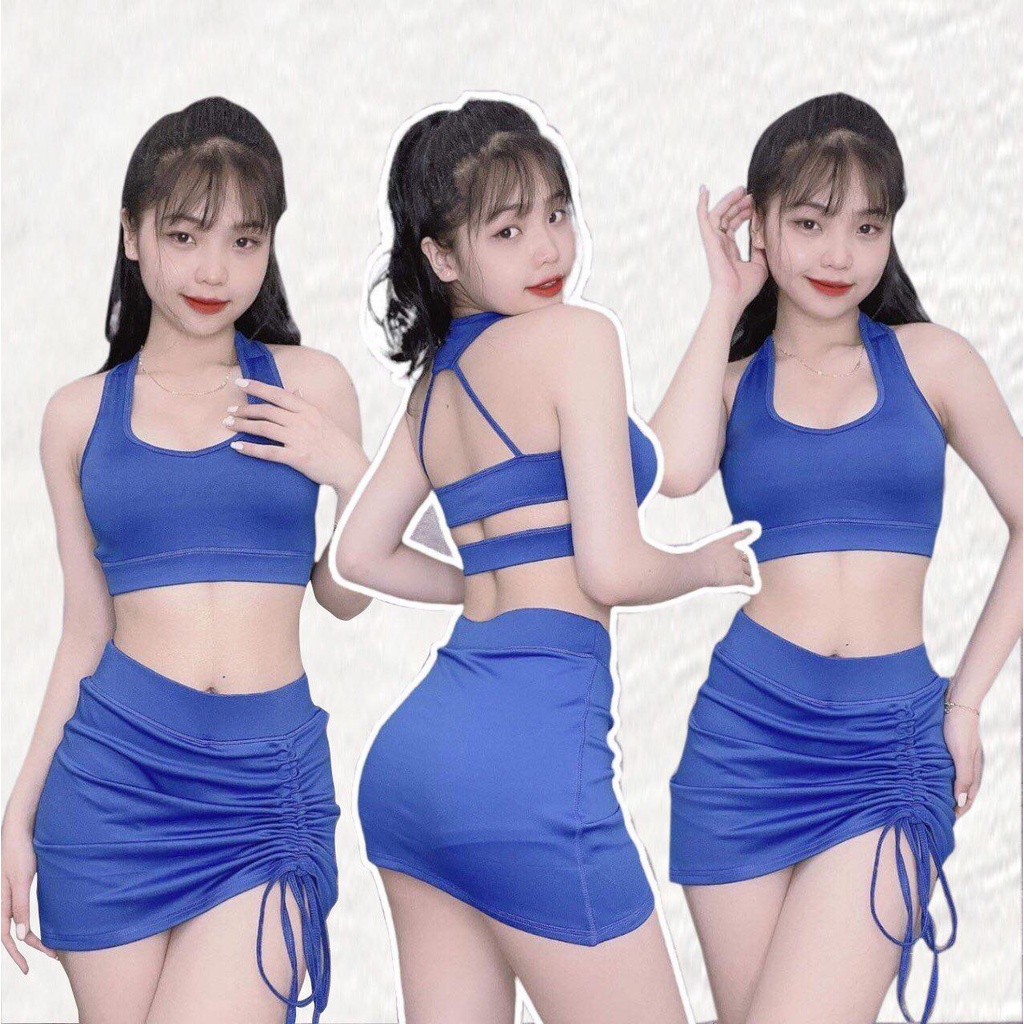 Đồ tập gym nữ Áo bra Chân váy rút dây chéo eo tập gym, yoga, aerobic, fitness ( Có Sẵn Mút )