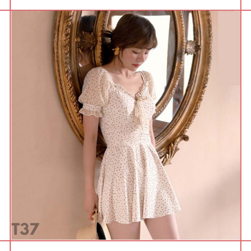 Váy Nữ, Đầm Nữ Chấm Bi Lưng Dây Đan Dịu Dàng, Dáng Xoè Thắt Eo SIXTEEN.