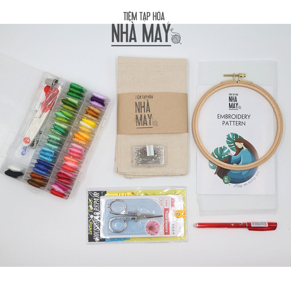 [Set thêu chỉ thường] 50 cuốn chỉ + 1 khung gỗ du