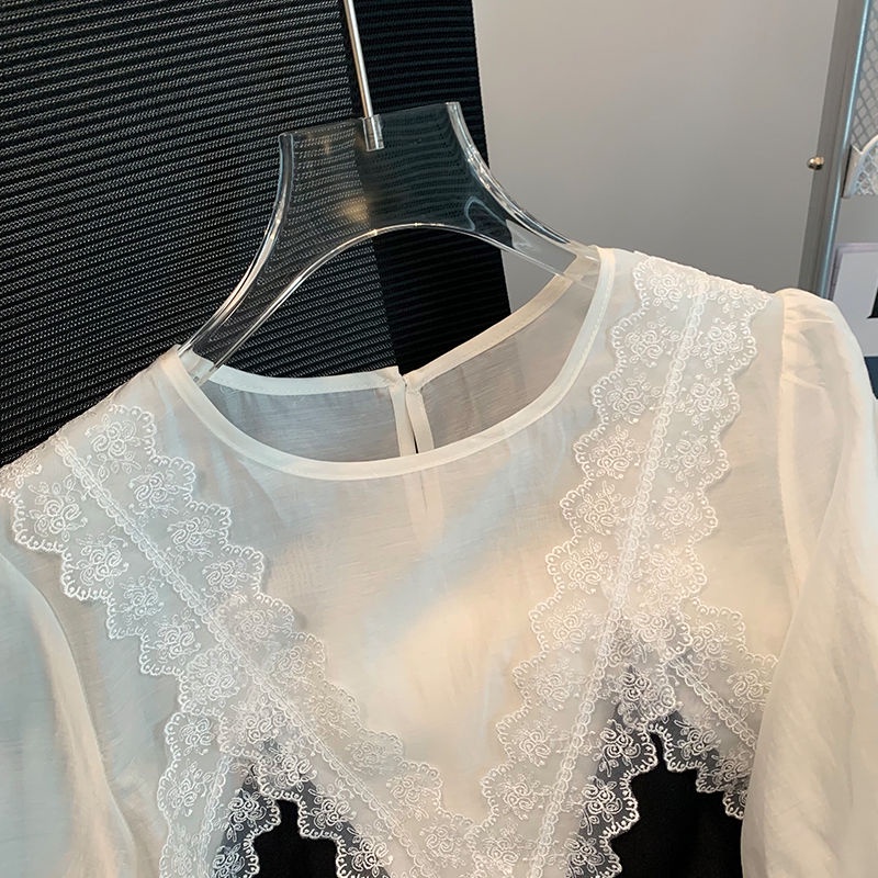 Áo Chiffon Tay Ngắn Phối Ren Phong Cách Pháp Thời Trang Cho Nữ