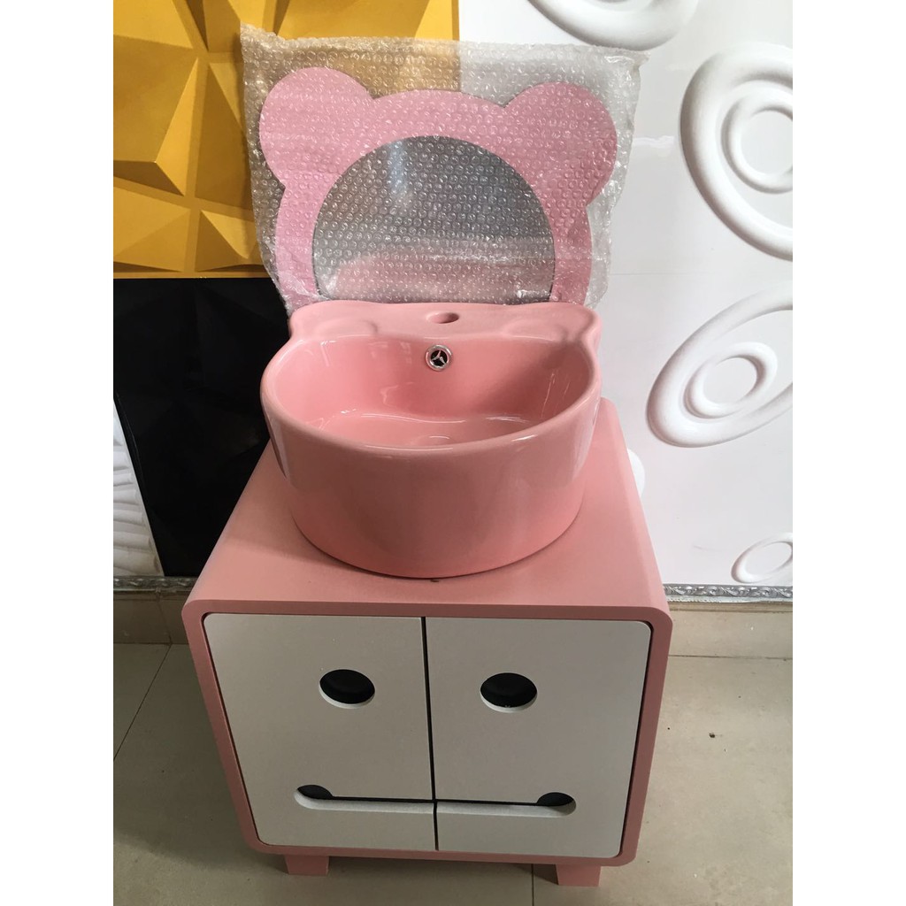 Lavabo tủ gỗ màu hồng ,sơn chống thấm cho trẻ em.