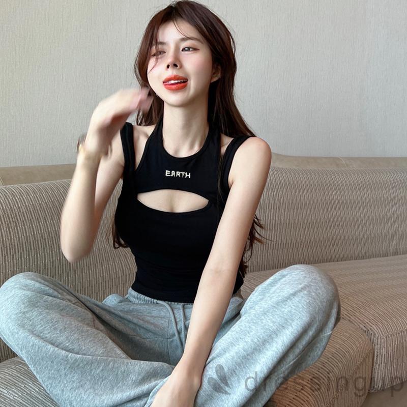 DRE-Women Camisole, Halterneck Backless Hollowed Letters Print Slim Fit Summer Tops