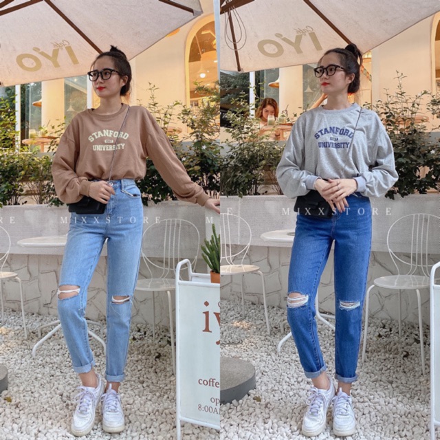 Quần Jean Nữ Baggy Lưng Cao Rách 2 Gối Cá Tính chất cotton hàng hiệu cao cấp phong cách sành điệu trẻ trung