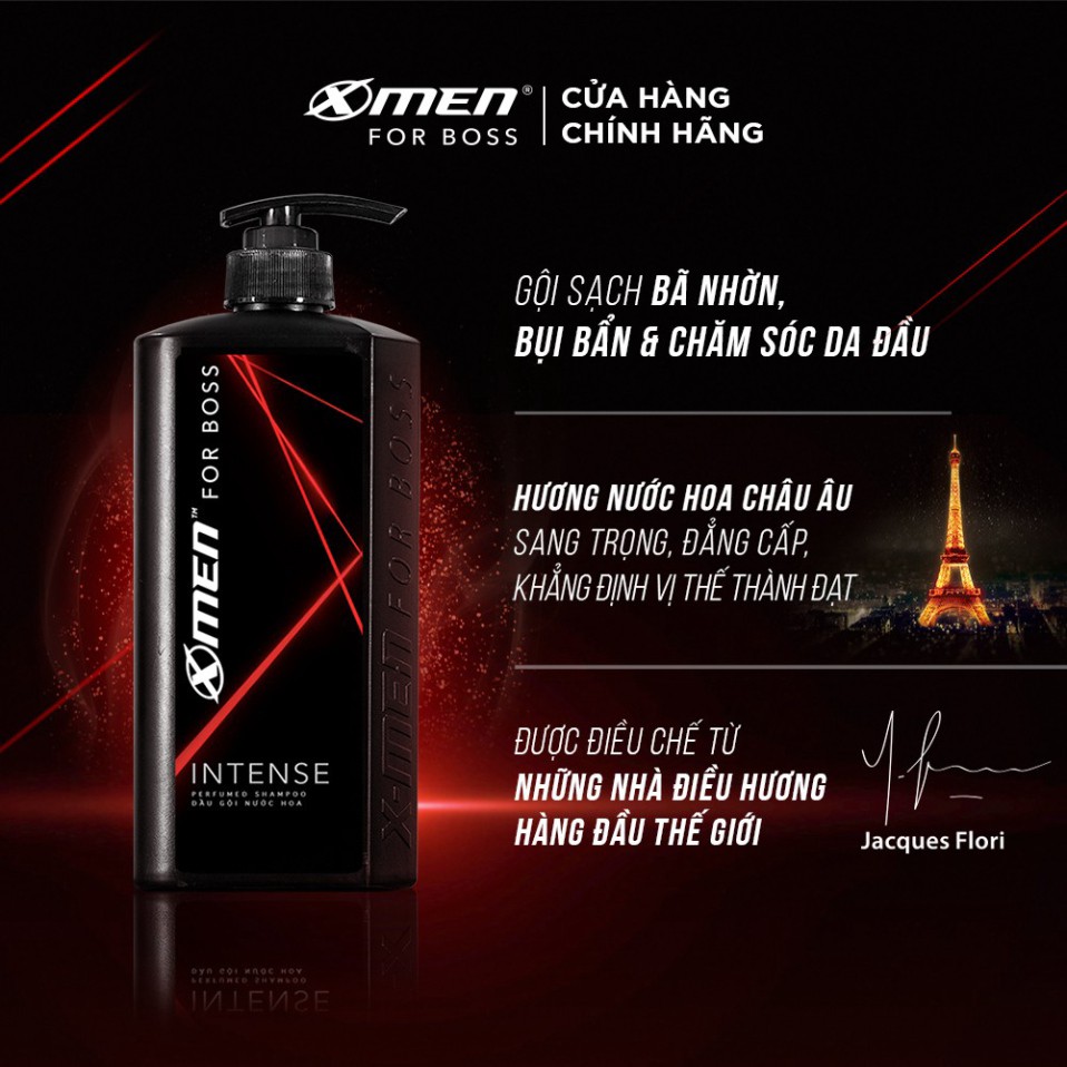 Combo Dầu gội XMen for Boss Intense 650g + Sữa tắm Intense 180g + Gel Strong Hold Wet Look 150g
