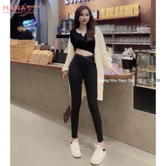Quần legging nữ cạp cao viền sọc kẻ trắng vạt chéo gen bụng nâng mông dáng quần tregging dài ôm thun gân vải co giãn gym | BigBuy360 - bigbuy360.vn