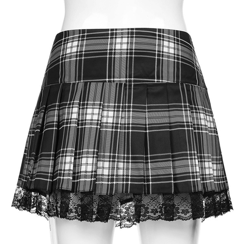 Chân váy ngắn phối ren lưng cao họa tiết caro tinh tế phong cách Gothic thời trang cho nữ