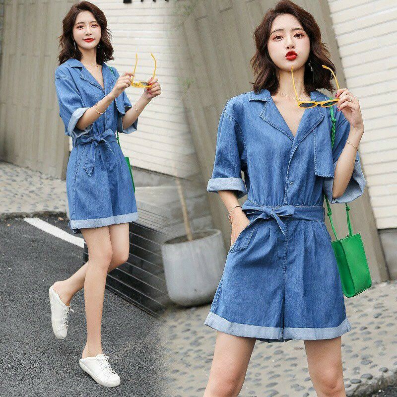 Jumpsuit vải bò ngắn cổ vest, bộ jum vải jean short kiểu đồ bay - DTH
