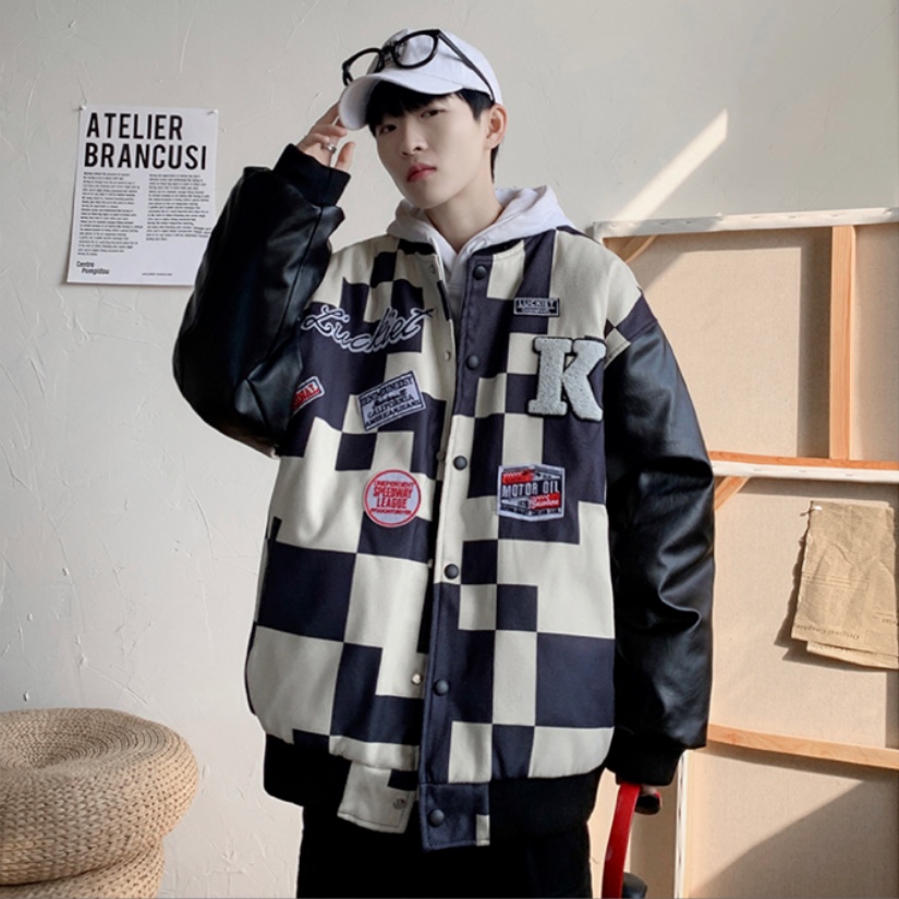 Áo Khoác bomber Một Hàng Nút Tay Dài Dáng Rộng Họa Tiết Caro Đơn Giản Thời Trang Phong Cách Hàn Quốc Cho Nam Và Nữ