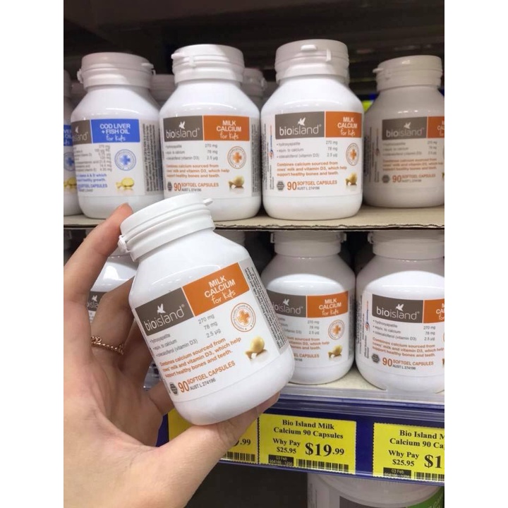 Canxi sữa Bioisland Milk Calcium lọ 90 viên (Úc). Bổ sung calci và vitamin d cho bé từ 7 tháng tuổi.