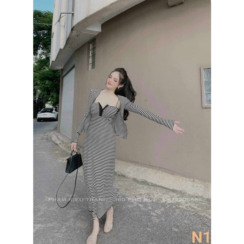 [9.9 Sales Freeship] Set đầm nữ 2 món, đầm 2 dây kẻ sọc ngang dáng dài kèm áo khoác gân ngoài tay dài dạo phố trẻ trung