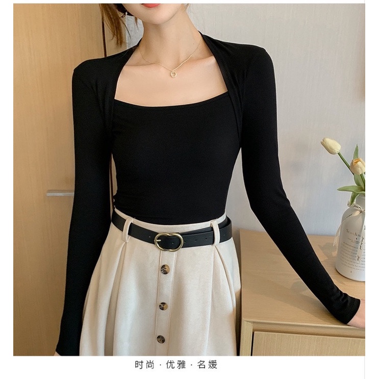 Áo thun nữ cổ vuông tay dài bo eo vạt bầu Michi,áo kiểu nữ