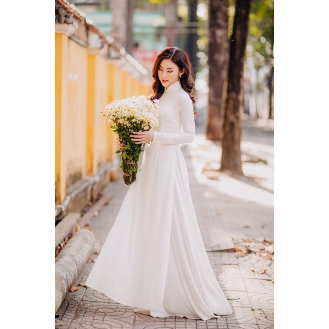 Áo Dài Trơn Màu Trắng 4 Tà-Áo Dài Min | BigBuy360 - bigbuy360.vn