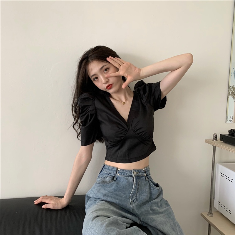 Áo Kiểu Tay Phồng Ngắn Cổ Chữ V Ôm Eo Thời Trang Mùa Hè Đơn Giản Dành Cho Nữ