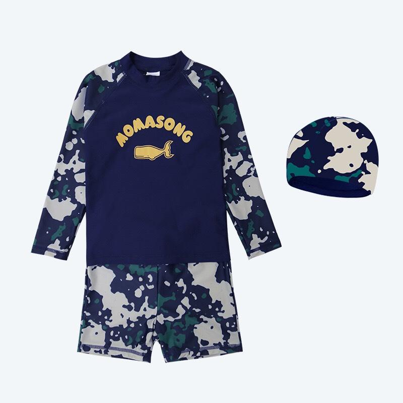 Bộ bơi bé trai dài tay xanh than rằn ri, hình cá voi, quần cộc rời, Momasong Korea