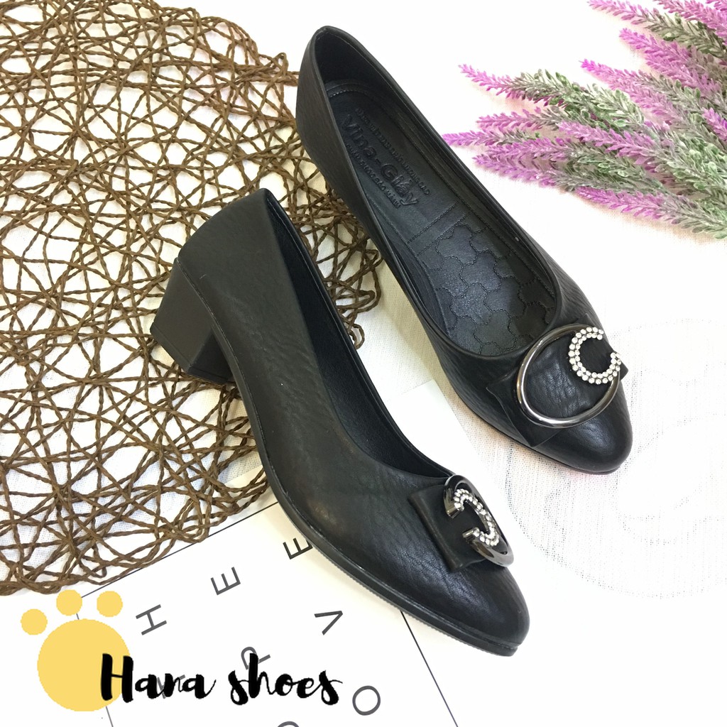 Hình thật_ M20 Giày cao gót nữ da lì đính nơ đá sang chảnh