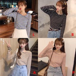 Áo thun tay dài kẻ sọc phối ren hoa thời trang cho nữ