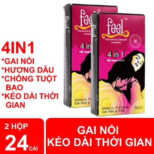 Bộ 2 Bao cao su kéo dài thời gian Feel 4 in 1 [ CHÍNH HÃNG 100%] hương dâu Hộp 12C- Cho một đêm nồng nhiệt