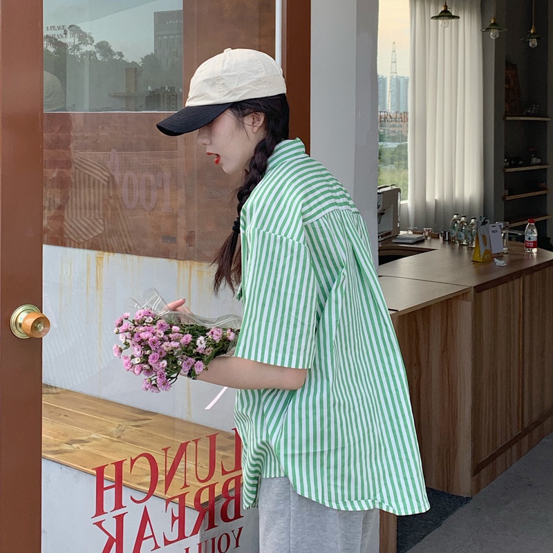 SUXI Áo sơ mi tay ngắn kẻ sọc thời trang Hàn Quốc cổ điển cho nữ